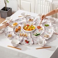 Elegant Floral Ceramic Dinnerware Set 8 Compartment Platter Lotus Edge Design Microwave Safe Exquisite Chinese Style