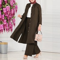 Elegant Muslim Daily Wear Set Button Front Cardigan & Wide Leg Pants Modest Loose Fit Outfit