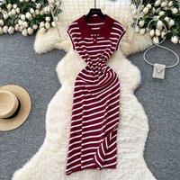 Women's Korean Chic Retro Striped Dress Polo Collar Short Sleeved Fitted Waist Elegant Slit Midi Skirt Summer Style Niche