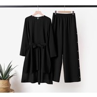 Muslim daily hem short front long back elastic waistband decorative buttons pockets suit fashionable casual