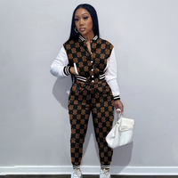 Clothing Fashion Casual Suit Printed Splicing Long Sleeved Baseball Uniform Jacket Two Piece Set