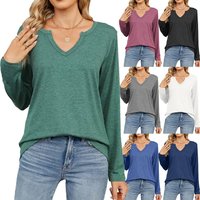 Clothing Solid V Neck Loose Relaxed Long Sleeve Pocket T shirt