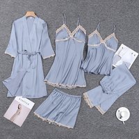 Silky Long-Sleeve Loungewear Set – 5-Piece Viscose Pajamas (S-XXL, 4 Colors)