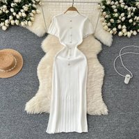 Clothing style high end round neck single breasted short sleeved slim fit long skirt