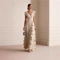 European American Style Solid Summer Dress Ruffle Sleeveless V Neck Waist Cinching Slimming Thin Line Dress