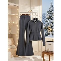 Women's Clothing Winter Wear A Complete Set Elegant Winter Outfit Set - Deep Gray Knit Cardigan & Wide-Leg Pants, Chic & Youthful Women's Suit