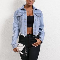 Clothing Casual loose ripped long sleeved short denim jacket