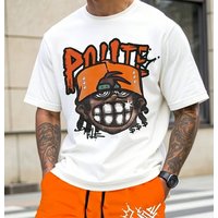Men's Cotton Hip Hop Pattern T Shirt White Short Sleeve Round Cotton T Shirt