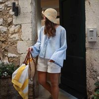 Clothing Plaid Temperament V Neck Style Fashionable All Match Solid Loose Long Sleeved Lace Up Plaid Cardigan Top
