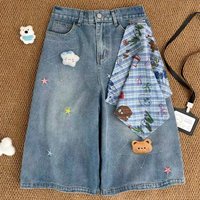 Unisex Distressed Denim Capri Pants Retro Style Embroidered Baggy Fit Knee-Length Shorts Comfortable Men's Clothing