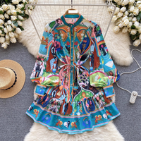 Women's Clothing Niche high end elegant printed short skirt women's French light luxury temperament stand up collar lantern sleeve loose waist dress