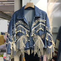 Women's Clothing heavy duty nail pearl tassel denim jacket women 2022 spring new loose street blasting hole trendy top
