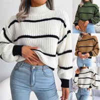 casual striped lantern sleeve half turtleneck sweater