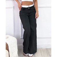 Women's Clothing Retro High Waist Non Elastic Washed Straight Jeans Fashion Contrast Color Wide Leg Jeans