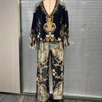 Vintage V Neck Floral Print Velvet Lounge Set Spring Vacation Style Two Piece Outfit