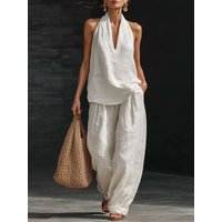 2026 European American Style Sleeveless Loose Shoulder Set Summer Casual Wide Leg Pants Two Piece Set Fashionable Trendy Style