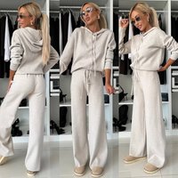 Women's Clothing Autumn And Winter New Leisure Suits For Women Solid Color Hooded Long Sleeved Sweatshirt With Drawstring Wide Leg Pants Two Piece Set