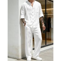 2026 Fashion Shirt Long Sleeved Retro Standing Collar Summer Autumn Winter Linen Long Sleeved Pants Set
