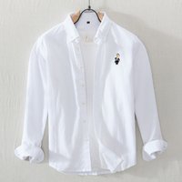 Men's Clothing Cotton Japanese Retro Embroidered Bear Casual Shirt Men's Spring Loose Large Size Hong Kong Style Long Sleeve
