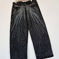 Heavy Embellished Jeans – Rhinestone Studded Straight Leg Pants Distressed Wash & American Streetwear Vibe 