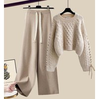Clothing Large Autumn Winter Suits Pullover Knitted Sweater Loose Slim Wide Leg Pants Two Piece Suit