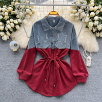 light mature style long sleeved dress summer high end denim stitching contrasting waist style tops short skirts
