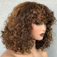 Jerry Curly Short Pixie Bob Cut Human Hair Wigs With Bangs Glueless Wig Highlight Honey Water Wave Blonde Colored Wigs For Women
