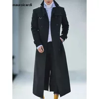 Men's Mauroicardi Autumn Extra Long Fitted Black Trench Coats Double Breasted European Fashion 2022 Stylish Overcoat Men