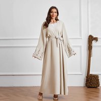 Elegant Belted Kaftan Dress – Open Front Abaya Delicate Embroidery & Apricot