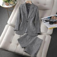 Blazer Two piece Set Spring Autumn Fashion Glitter Vintage Suit Jacket Elegant Casual Shorts +Shiny Check