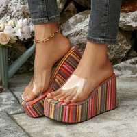 Chunky Platform Slide Sandals For Women – Comfortable Wedge Heel Summer Beach Sandals With Denim Upper Fabric Beach Sandals