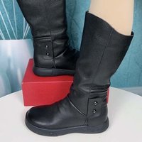 Cross-Border High Tube Soft Leather Warm Long Flat Shoes Winter Plus Velvet Slim Women Boots Black