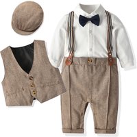 XUANMU Newborn Baby Boy Formal Suit Party Birthday Wedding Toddler Boys Outfit Jumpsuit+Waistcoat+Beret+Bowtie+Suspender 0-3 Z0132