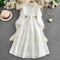 French Style White Lace Embroidery V Neck Long Sleeved Dress For Women Summer New Style Waist Slimming Fairy Big Swing Skirt