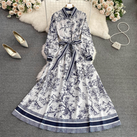 clothing lapel waist slimming positioning print line dress high end long skirt