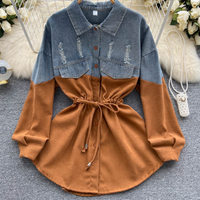 Long sleeved Dress Spring Autumn Clothing 1 Sense Denim Splicing Contrast Waist