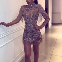 Women's sequined dress spring and summer long-sleeved slim sexy short skirt