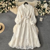 Clothing Palace style dress style heavy embroidery hollow flower buttoned slim fit mid length puff sleeve dress