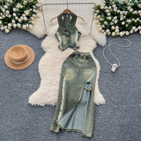 Clothing Retro Halterneck Sleeveless Lapel Raw Edge Denim Top Two Piece Set Slit Slim Skirt