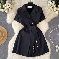 Clothing Niche Design Retro Suit Lapel Short Sleeved Dress Summer Lace Up Waist Slimming Casual Short Skirt