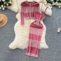 Elegant Contrast Knit Cardigan Set Waist Suspenders & Hip Dress Autumn Fashion Outfit 
