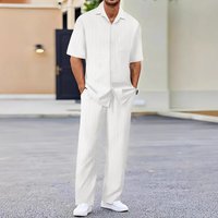 Clothing Lapel Solid Short Sleeved Shirt Drawstring Trousers Two Piece Suit