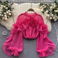 Trendy Mesh Ruffle Blouse – Asymmetrical Pleated Pullover For Women (White/Black/Rose Red/Pink/Apricot/Green/Red, One Size)