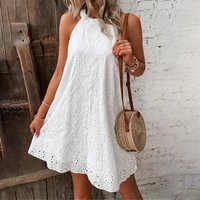 Lace Solid Sleeveless Button Up Neck Dresses