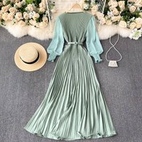 Clothing Retro Temperament Bubble Long Sleeve Halter Neck Backless Waist Slimming Slit Pleated Dress