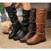 New Low-heeled Women's Leather Boots For The Autumn And Winter Of 2025 In Europe And America