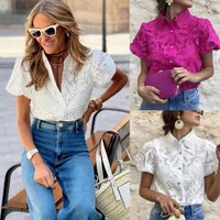 Lace Trim Blouse – Floral Embroidered Peplum Top Puff Sleeves & Openwork Detailing