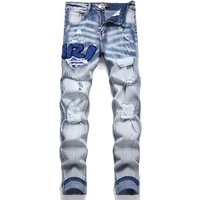 Men's light blue jeans ripped trend stretch slim feet fashion pants all men's pants
