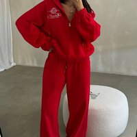 Zip-Up Hoodie & Embroidered Pants Set - Oversized Cotton Casual Outfit For Women, Trendy Color Blocking In Navy/Beige/Gray/Red, Sizes S-L