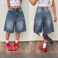 Clothing Starry Rhinestone Denim Shorts Fashion Mid Length Loose Wide Leg Street Style Bottoms